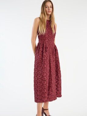 NWT Rotate Birger Christensen Burgundy Floral Jacquard Midi Dress. Size S